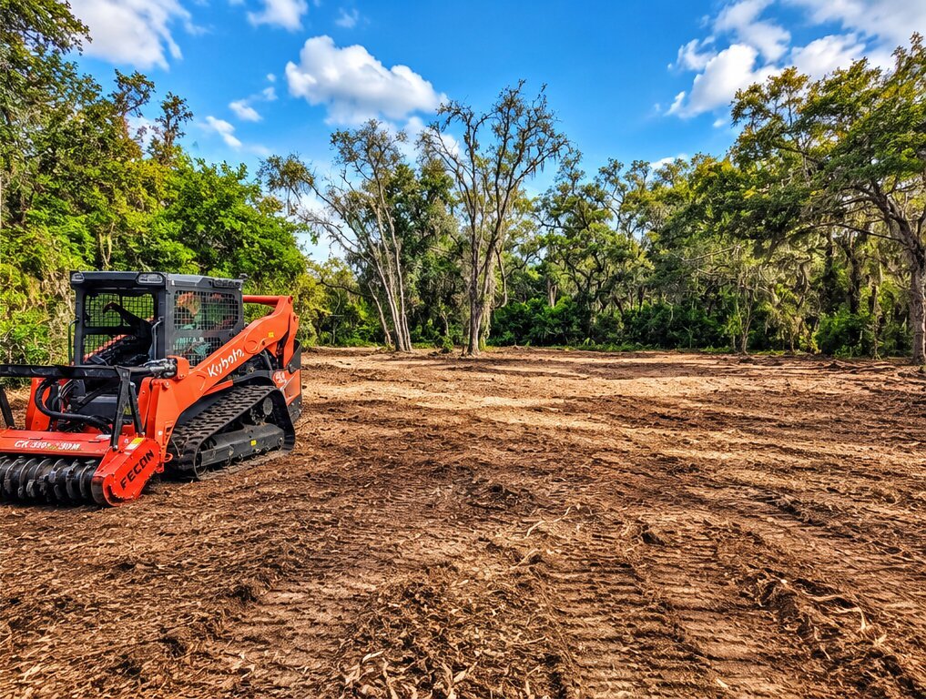 RRV Construction skid steer with mulching head performing lot clearing in Clermont FL
